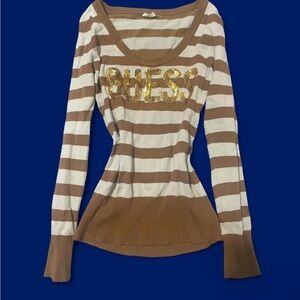 GUESS Brown & Cream Striped Sequin Logo Long Sleeve Top